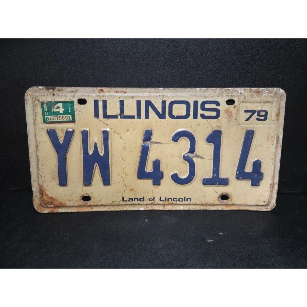 Illinois Vintage 1979 License Plate YW 4314 Land of Lincoln Blue Cream Rustic
